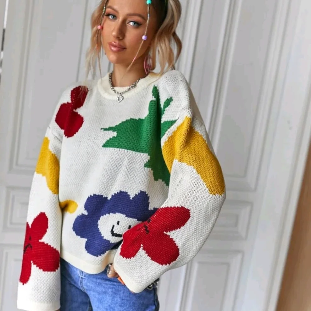 Floral Pattern Drop Shoulder Sweater - Picture 4 of 8